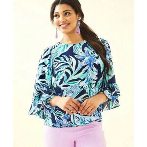Lilly Pulitzer Francis‎ Blouse In Tide Navy Ready Set Gecko Size S Shirt